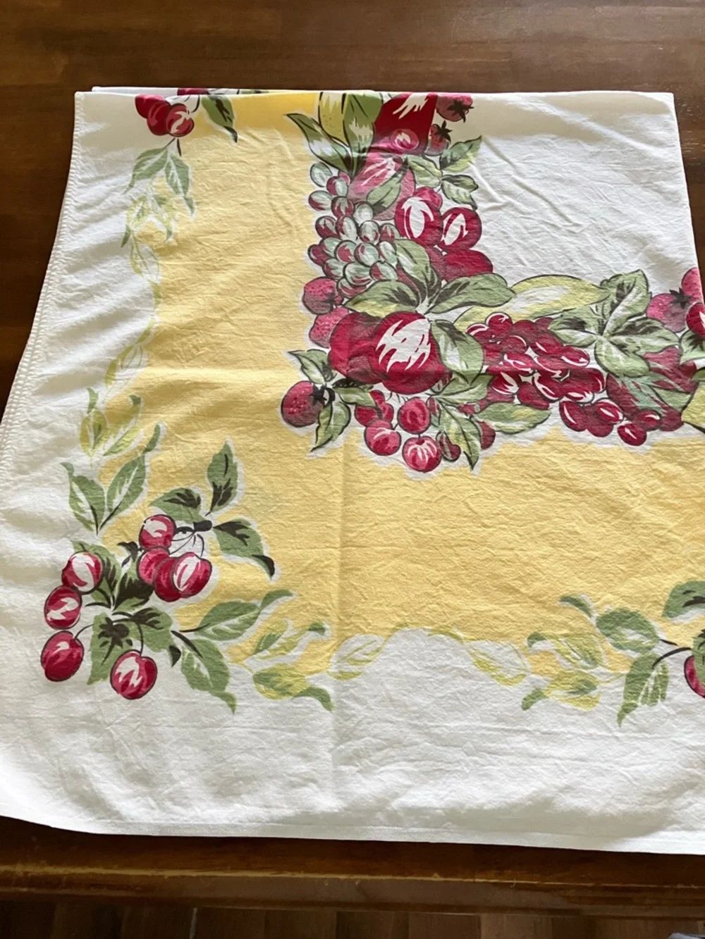 Vintage Tablecloth with Red Fruit and Green leaves and Yellow Center